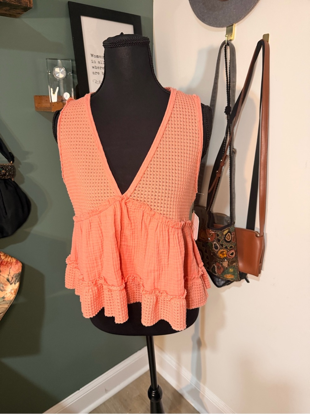Altar’d State Coral Boho Waffle Knit Babydoll Tank NWT Medium